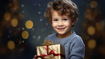 Fototapeta na wymiar A little boy holds a gift box with a Christmas or New Year's gift.