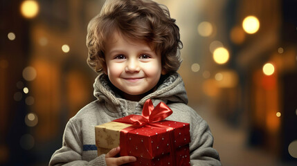 Fototapeta na wymiar A little boy holds a gift box with a Christmas or New Year's gift.