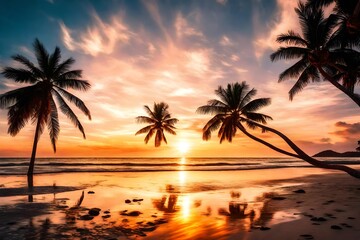 Fototapeta na wymiar Gorgeous tropical sunset over beach with palm tree silhouettes Perfect for summer travel and vacation