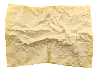 A sheet of old yellowed crumpled paper on a white background. Isolate paper
