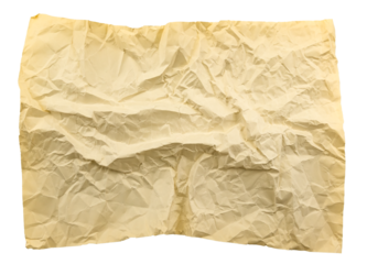 A sheet of old yellowed crumpled paper on a white background. Isolate paper