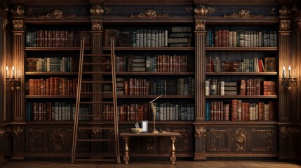 A 3D-rendered illustration of bookshelves within a library filled with old, vintage books, creating a nostalgic and intellectual atmosphere - obrazy, fototapety, plakaty