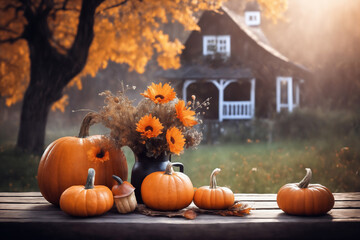 Naklejka na ściany i meble decoration for Halloween, still life, a cup of hot latte and pumpkins on an old wooden table against the background of beautiful autumn nature and home at sunset