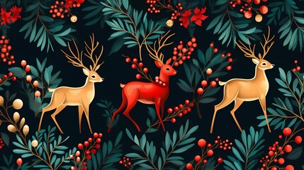 Christmas Elegance: Reindeer Amidst Seasonal Flora Pattern