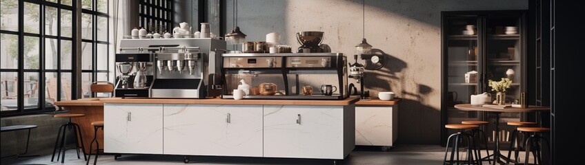 A chic cafe-themed kitchenette, the space above the espresso machine open for coffee quotes or branding.