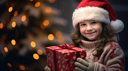 A little girl holds a gift box with a Christmas or New Year's gift.