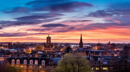 Fototapeta na wymiar A panoramic view capturing the evening skyline of Oxford, a historic city in England, known for its iconic architecture, academic institutions, and cultural heritage