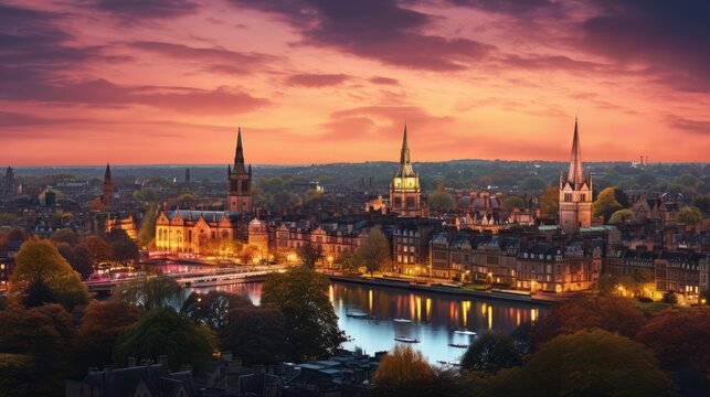 A panoramic view capturing the evening skyline of Oxford, a historic city in England, known for its iconic architecture, academic institutions, and cultural heritage