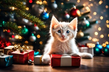 Beatiful white kitten sits under christmas tree with gifts and light blur background  
