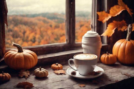 for halloween holiday, decoration with latte and pumpkins on a windowsill, beautiful autumn landscape outside the window, still life, festive background