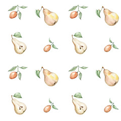 Obraz premium Seamless pattern with watercolor pears and kumquat 