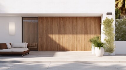 A new house featuring a wooden door and a spacious, empty white wall is presented in this 3D rendering, emphasizing the large patio in a contemporary home setting