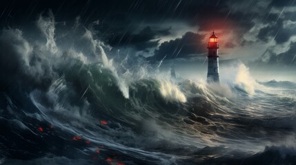Tsunami and Lighthouse in the storm strike