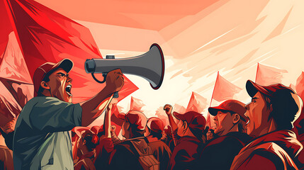 People on strike protesting with megaphone  - obrazy, fototapety, plakaty