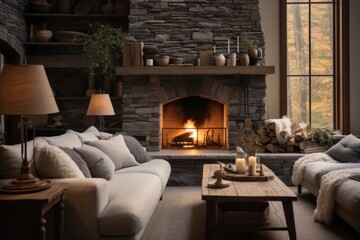 Beautiful stone home interior living room, Cozy.