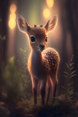 Cute adorable kawaii baby deer wide shot cinematic lighting vibrant colors photorealistic forest bokeh background  - obrazy, fototapety, plakaty
