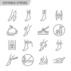 Varicose veins line icon set. Leg veins thrombosis disease. Treatment, surgery and prevention of varicose veins vector sign with ultrasaund, ulcer, phlebectomy, laser coagulation. Editable stroke.
