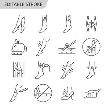 Varicose veins line icon set. Leg veins thrombosis disease. Treatment, surgery and prevention of varicose veins vector sign with ultrasaund, ulcer, phlebectomy, laser coagulation. Editable stroke.