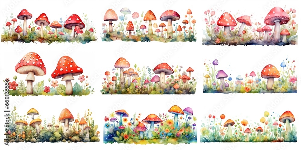 Wall mural watercolor illustration of mushroom and autumn season foliage cartoon style isolated on white backgr