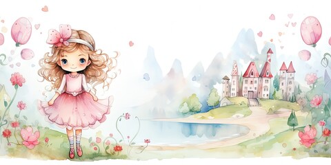 watercolor style cartoon illustration of pretty girl wearing pink dress walk at river side , isolated on white background, collection set, Generative Ai