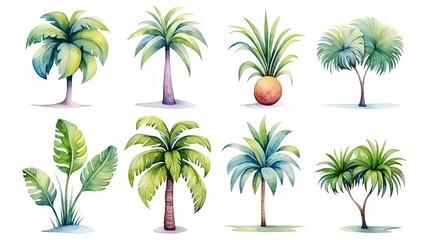 Fototapeta na wymiar watercolor style illustration of tropical plant foliage, isolated on white background, collection set, Generative Ai