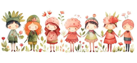 Cercles muraux Chambre denfants watercolor style cartoon illustration of group of cute girl in flower field, idea for best friend foreverconcept,  Generative Ai