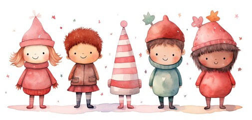 watercolor style cartoon illustration of cute kid wearing winter coat, scarf, and wool cap, isolated on white background, collection set, Generative Ai - obrazy, fototapety, plakaty