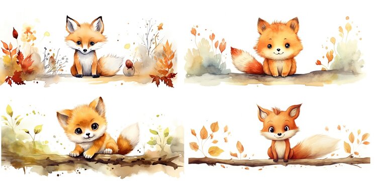 watercolor style cartoon illustration of red fox in autumn field , isolated on white background, collection set, Generative Ai
