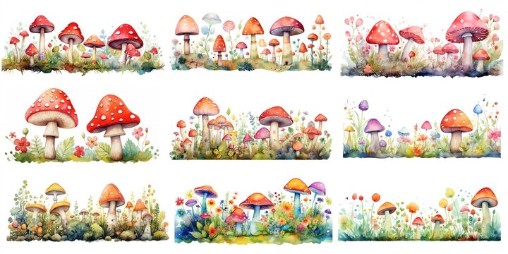 watercolor illustration of mushroom and autumn season foliage cartoon style isolated on white background, children art style design, Generative Ai