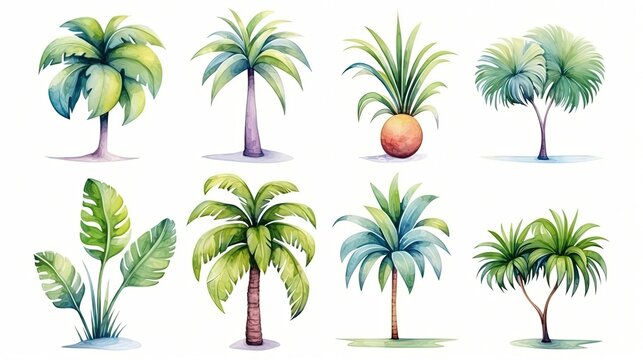 watercolor style illustration of tropical plant foliage, isolated on white background, collection set, Generative Ai
