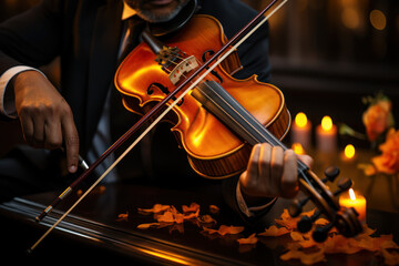 A violinist's bow gracefully gliding across strings, evoking deep emotions. Concept of classical music. Generative Ai.