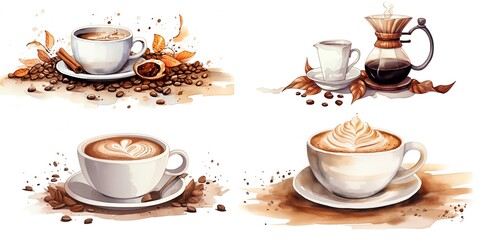 watercolor style illustration of glass of hot coffee with whipped cream, collection set, Generative Ai - obrazy, fototapety, plakaty