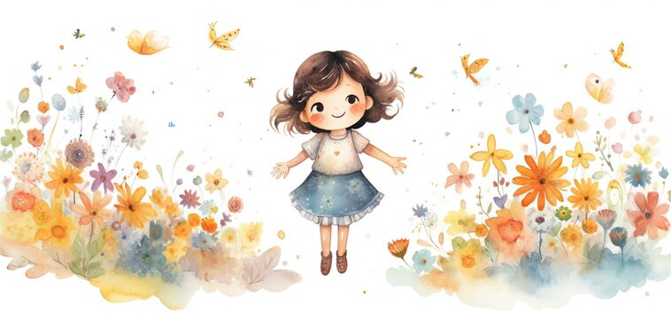 watercolor style illustration of cute girl walk in flower blossom meadow, Generative Ai