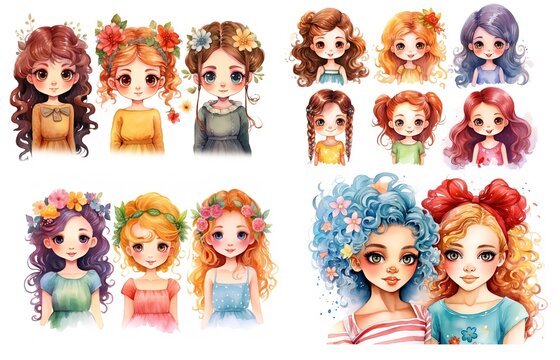  cartoon illustration of cute girls summer and spring fashion with flower crown outfit, collection set, Generative Ai