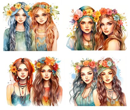 watercolor illustration of pretty young woman wearing bohemian leisure outfit and flower crown, isolated on white background collection set, Generative Ai