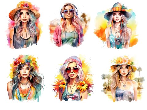 watercolor sketch style portrait collection set of pretty young woman wearing leisure fashion, boho summer style, collection set , isolated on white background Generative Ai