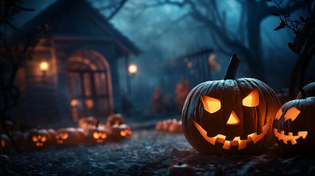 A haunted house at night with creepy pumpkins in the foreground, their eyes casting an eerie glow, Halloween, blurred background, with copy space