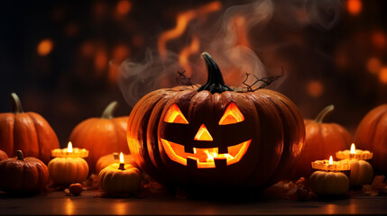 A witch's cauldron surrounded by enchanted pumpkins with glowing eyes, Halloween, blurred background, with copy space