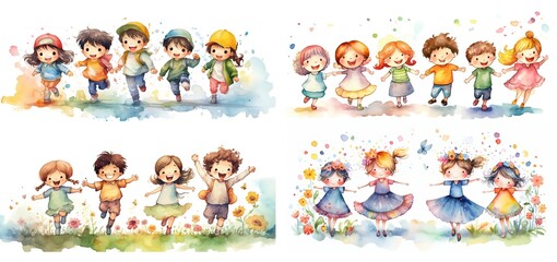 Obraz na płótnie Canvas watercolor style cartoon illustration, group of cute kids play together in nature field, collection set, Generative Ai