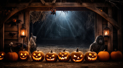 A haunted barn with ghostly pumpkins adorning the entrance, their eyes adding to the eerie ambiance, Halloween, blurred background, with copy space