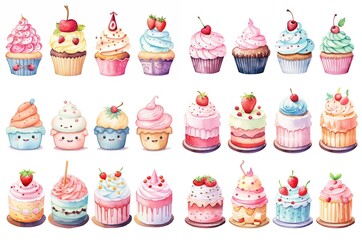 cute cartoon cupcake collection set, isolated on white background, Generative Ai