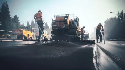Poster Construction site is laying new asphalt road pavement,road construction workers and road construction machinery scene.highway construction site landscape. © alexkich
