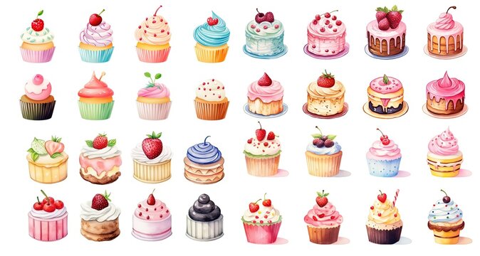 cute cartoon cupcake collection set, isolated on white background, Generative Ai