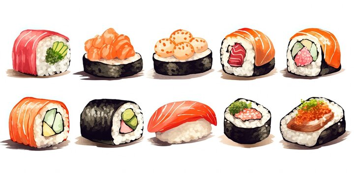 watercolor style illustration of sushi Japanese traditional dish collection set, Generative Ai