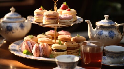 British Afternoon High Tea with a three-tiered platter of scones, cakes and sandwiches.