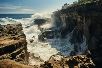 Fototapeten A crumbling coastal cliff eroded by the relentless force of ocean waves. Concept of coastal erosion. Generative Ai. © Sebastian