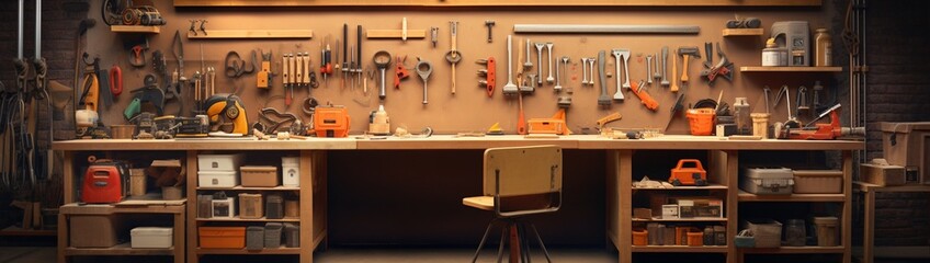 A workshop with organized tools, the space above the worktable vacant for DIY tips or branding.