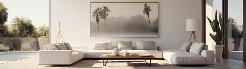 An expansive modern living room with a pristine white wall ready for art or messaging. - Powered by Adobe
