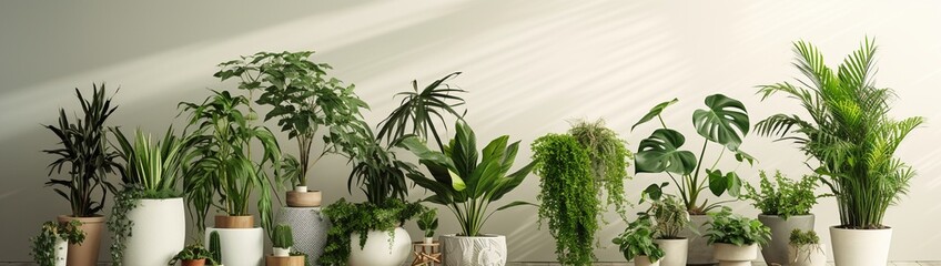 An indoor patio with green plants, the white wall between planters awaiting garden tips or branding. - obrazy, fototapety, plakaty
