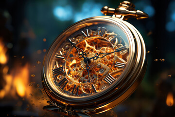 A vintage pocket watch suspended in mid-air, symbolizing the delicate balance of past, present, and future. Concept of temporal equilibrium. Generative Ai.
